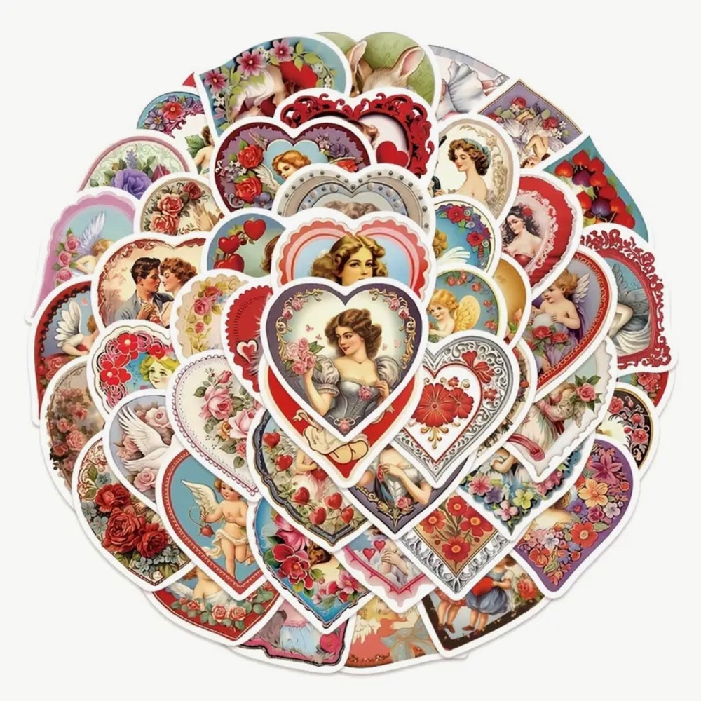 Vintage Heart-Shaped Retro Sticker Set, 50 Individual Pcs (no two alike)